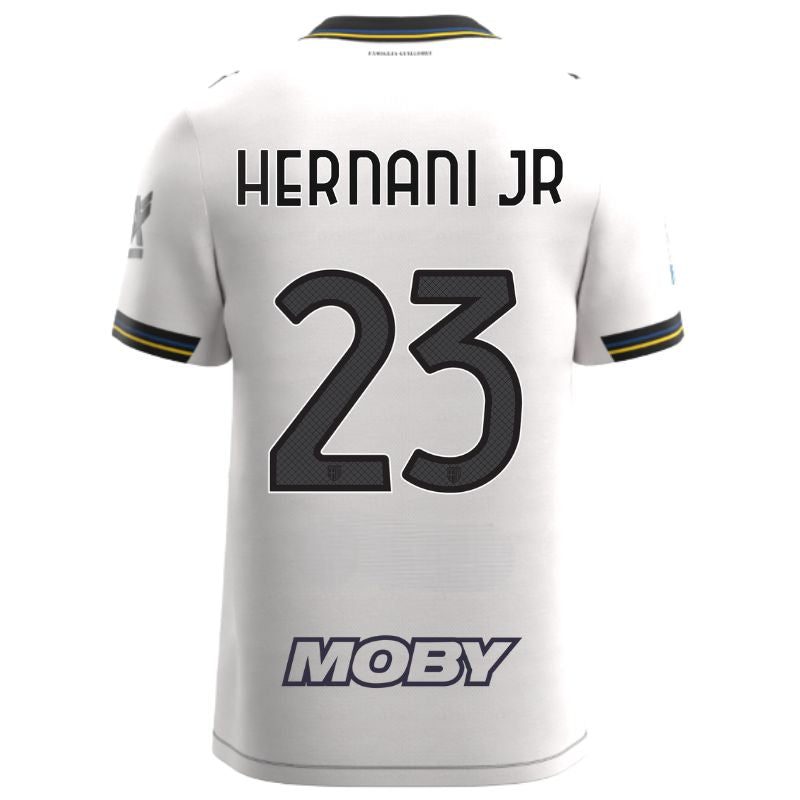 Maglia gara Home Parma Calcio Warm White con croce nera colletto a V, i dettagli in blu e giallo personalizzata con nome e numero Hernani JR 23, sponsor e patch serie A
