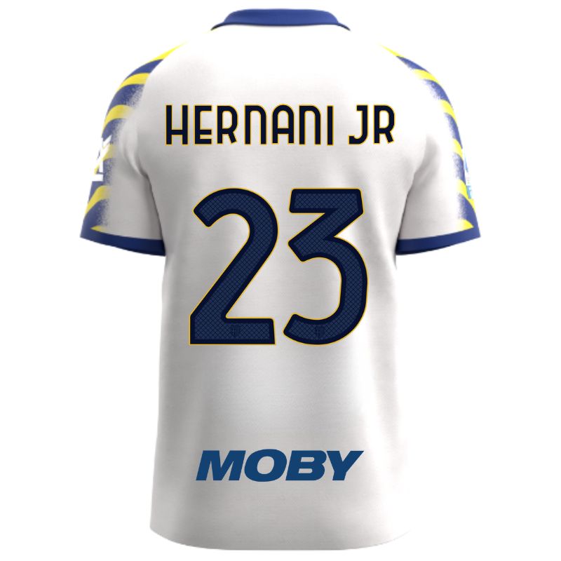 Maglia gara Parma Calcio Third bianca con colletto e maniche a strisce giallo-blu personalizzata con nome e numero Hernani Jr 23, sponsor e patch serie A