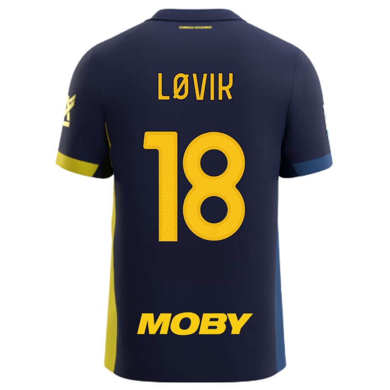 Maglia gara Parma Calcio Fourth blu con bande laterali giallo e blu personalizzata con nome e numero Lovik 18, sponsor e patch serie A