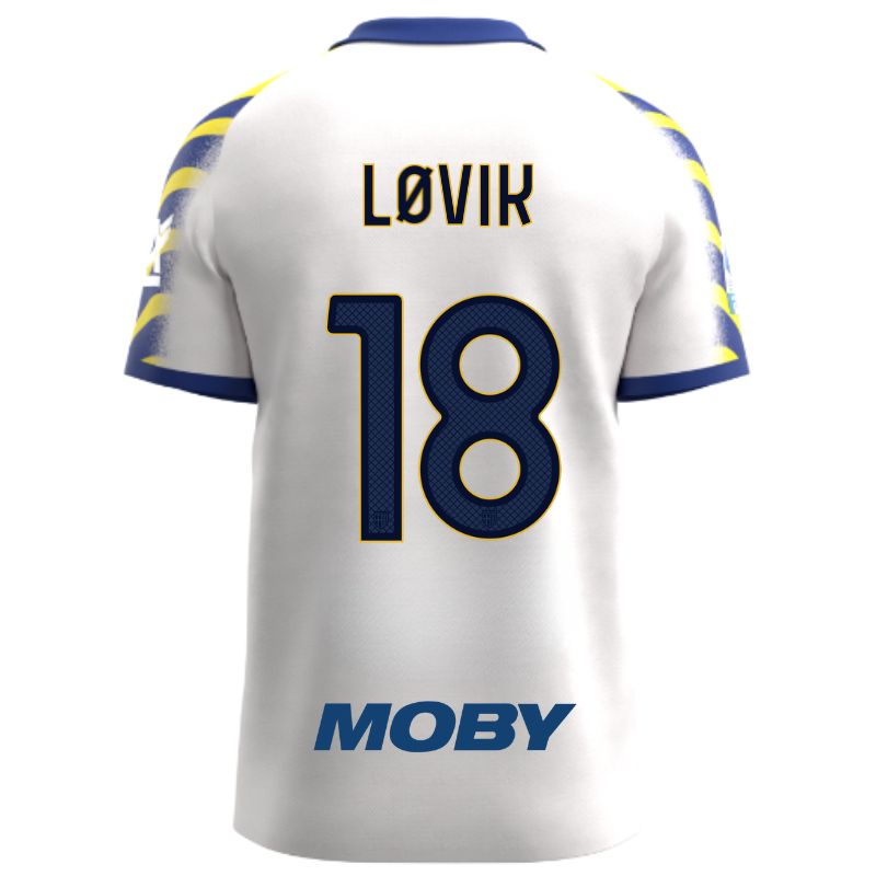 Maglia gara Parma Calcio Third bianca con colletto e maniche a strisce giallo-blu personalizzata con nome e numero Lovik 18, sponsor e patch serie A