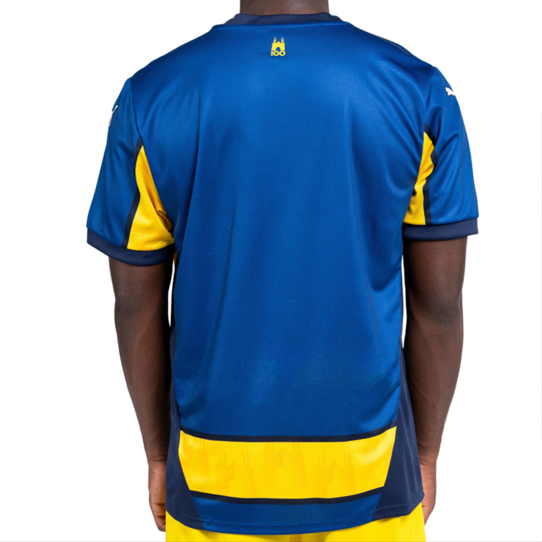 Maglia away mezze maniche, righe giallo e blu stagione 24/25 con sponsor Prometeon prima squadra maschile