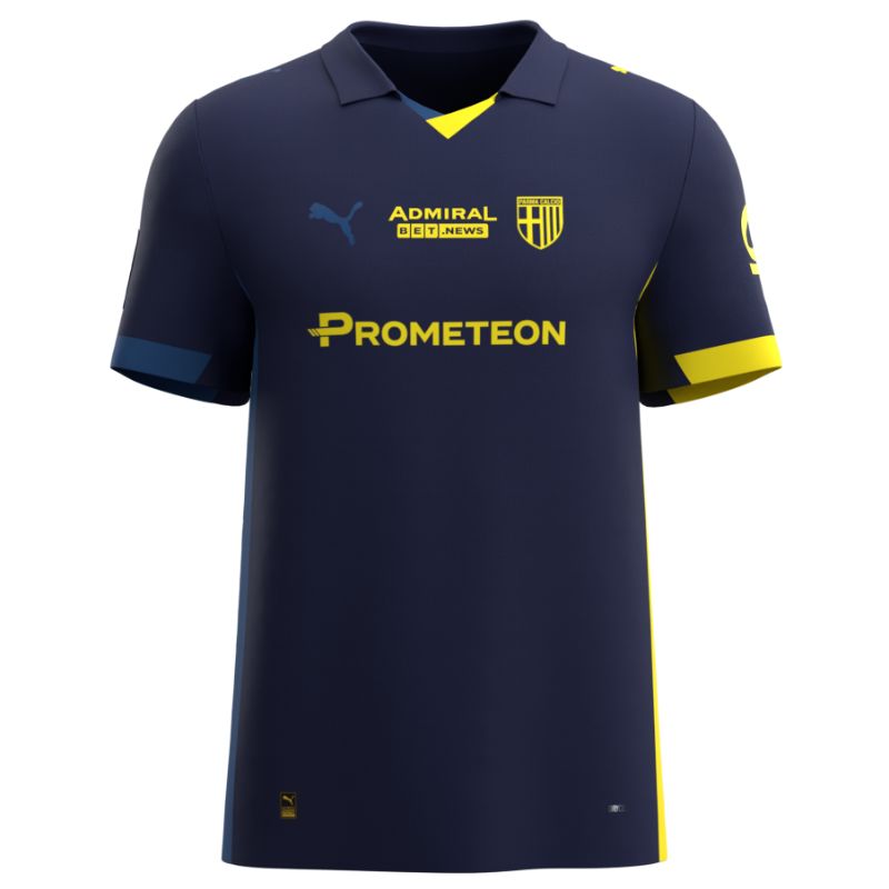 Fronte Maglia gara Parma Calcio Fourth blu con bande laterali giallo e blu personalizzata con nome e numero calciatore, sponsor e patch serie A
