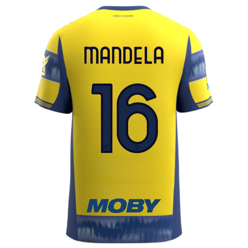Maglia gara Parma Calcio Away gialla con righe e bande laterali blu personalizzata con nome e numero Mandela 16, sponsor e patch serie A