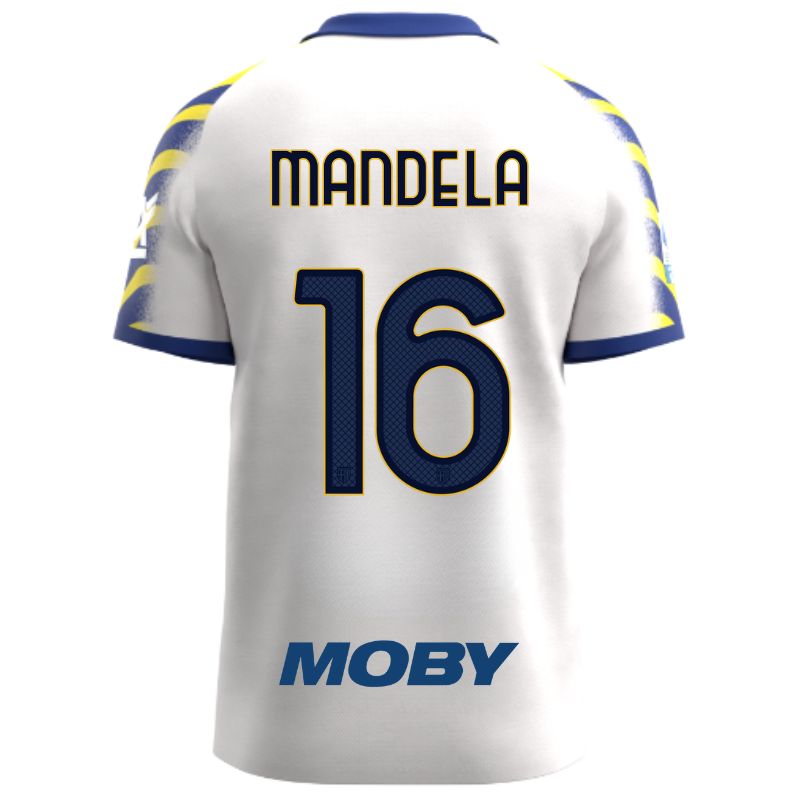 Maglia gara Parma Calcio Third bianca con colletto e maniche a strisce giallo-blu personalizzata con nome e numero Mandela 16, sponsor e patch serie A