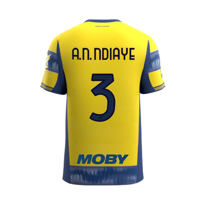 Maglia gara Junior Away Parma Calcio a righe giallo e blu personalizzata con nome e numero A.N. Ndiaye 3, sponsor e patch serie A