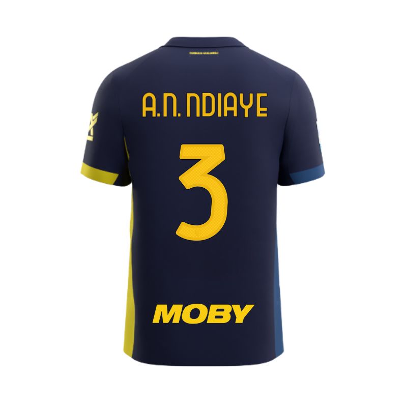 Maglia gara Junior Fourth Parma Calcio blu bande laterali giallo e blu personalizzata con nome e numero A.N. Ndiaye 3, sponsor e patch serie A