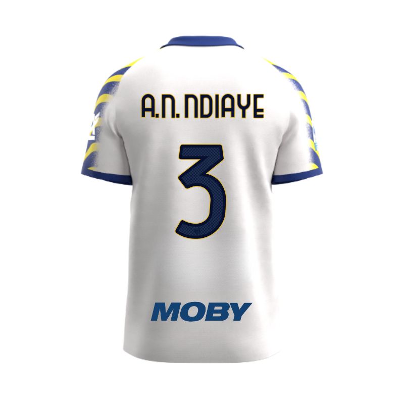 Maglia gara Junior Third Parma Calcio bianca con maniche a righe giallo e blu personalizzata con nome e numero A.N. Ndiaye 3, sponsor e patch serie A
