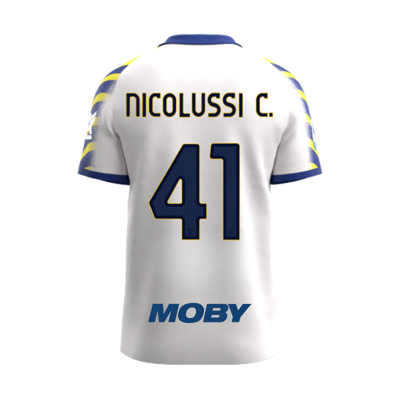 Maglia gara third junior bianca con maniche gialle e blu  e personalizzazione Nicolussi Caviglia 41