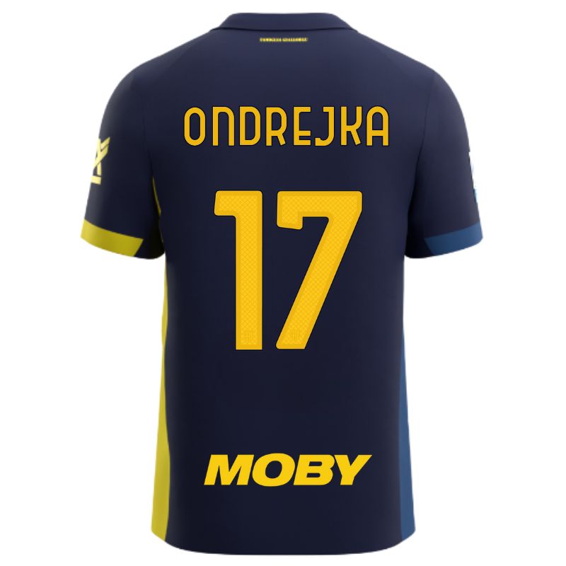 Maglia gara Parma Calcio Fourth blu con bande laterali giallo e blu personalizzata con nome e numero Ondrejka 17, sponsor e patch serie A