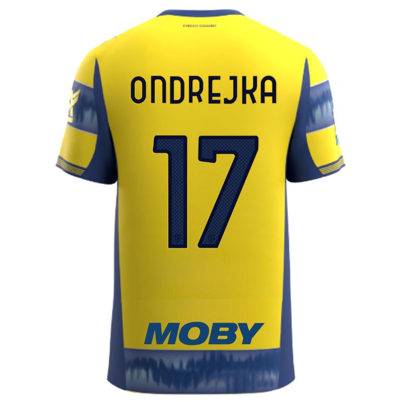 Maglia gara Parma Calcio Away gialla con righe e bande laterali blu personalizzata con nome e numero Ondrejka 17, sponsor e patch serie A