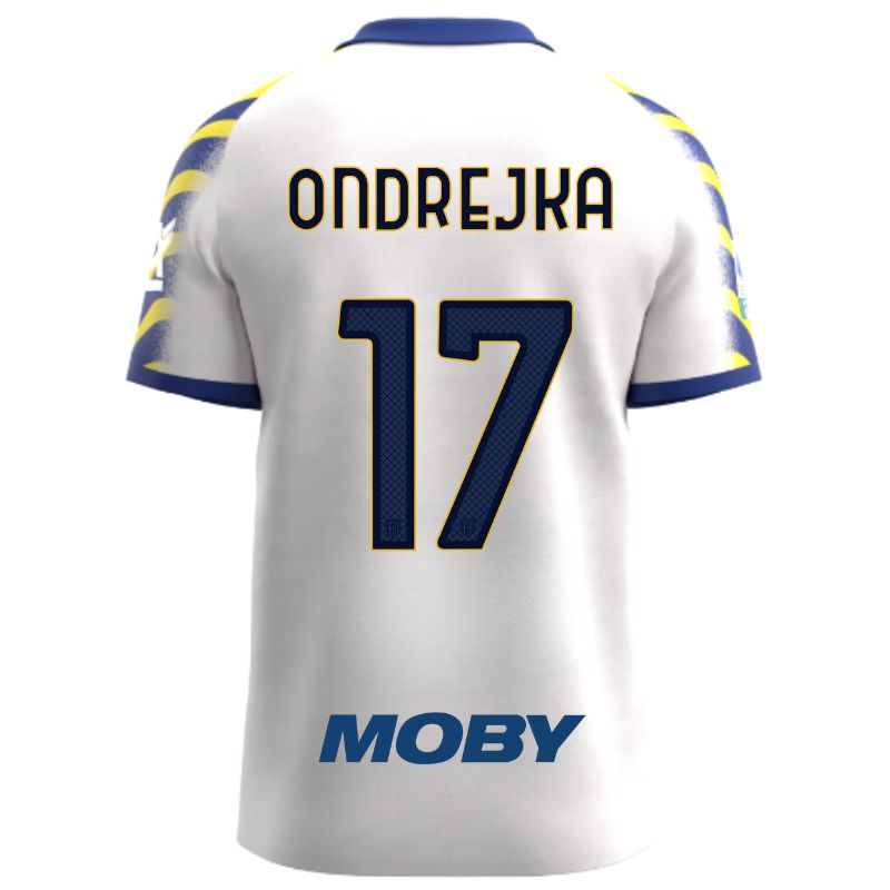 Maglia gara Parma Calcio Third bianca con colletto e maniche a strisce giallo-blu personalizzata con nome e numero Ondrejka 17, sponsor e patch serie A