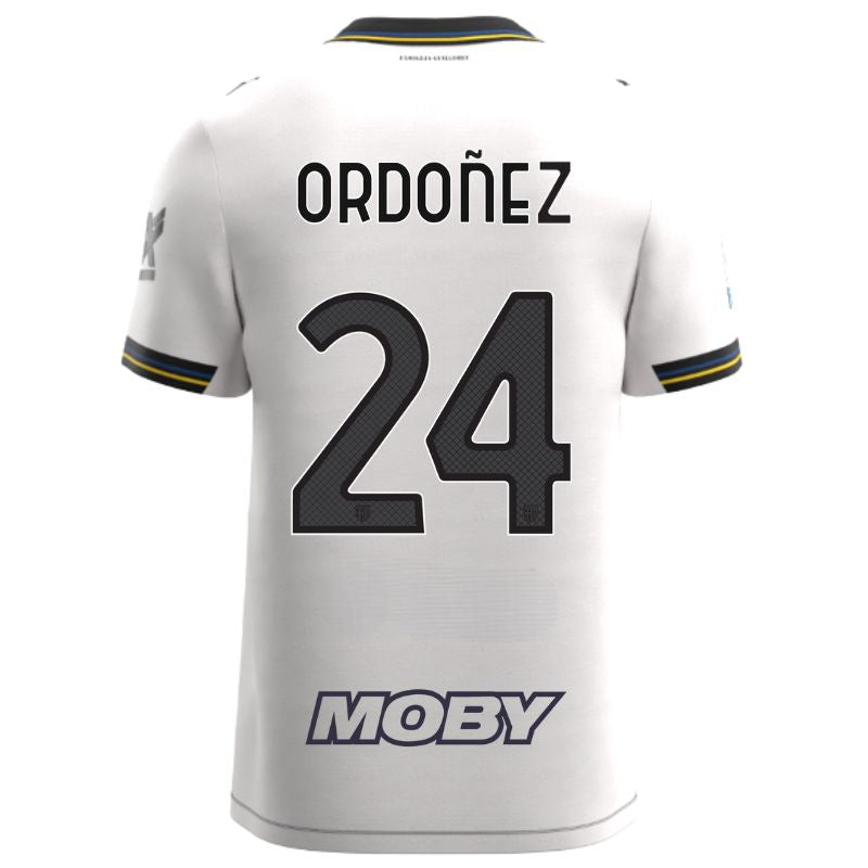 Maglia gara Home Parma Calcio  Warm White con croce nera colletto a V, i dettagli in blu e giallo personalizzata con nome e numero Ordonez 24, sponsor e patch serie A