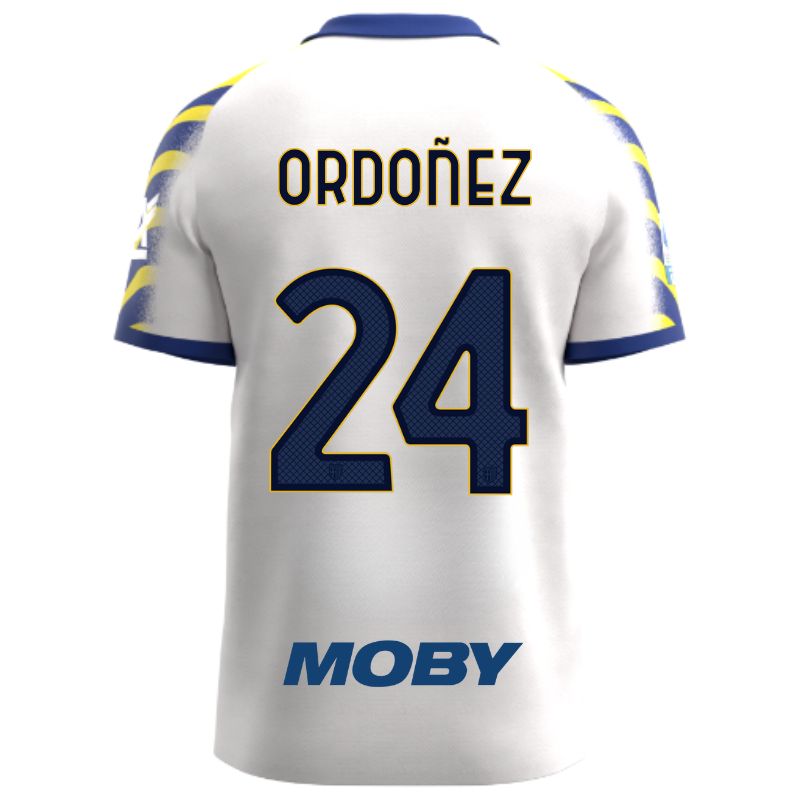 Maglia gara Parma Calcio Third bianca con colletto e maniche a strisce giallo-blu personalizzata con nome e numero Ordonez 24, sponsor e patch serie A