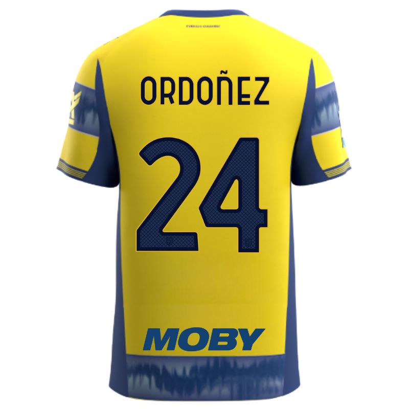 Maglia gara Parma Calcio Away gialla con righe e bande laterali blu personalizzata con nome e numero Ordonez 24, sponsor e patch serie A