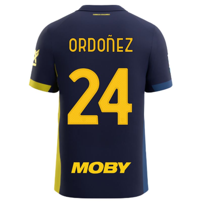 Maglia gara Parma Calcio Fourth blu con bande laterali giallo e blu personalizzata con nome e numero Ordonez 24, sponsor e patch serie A