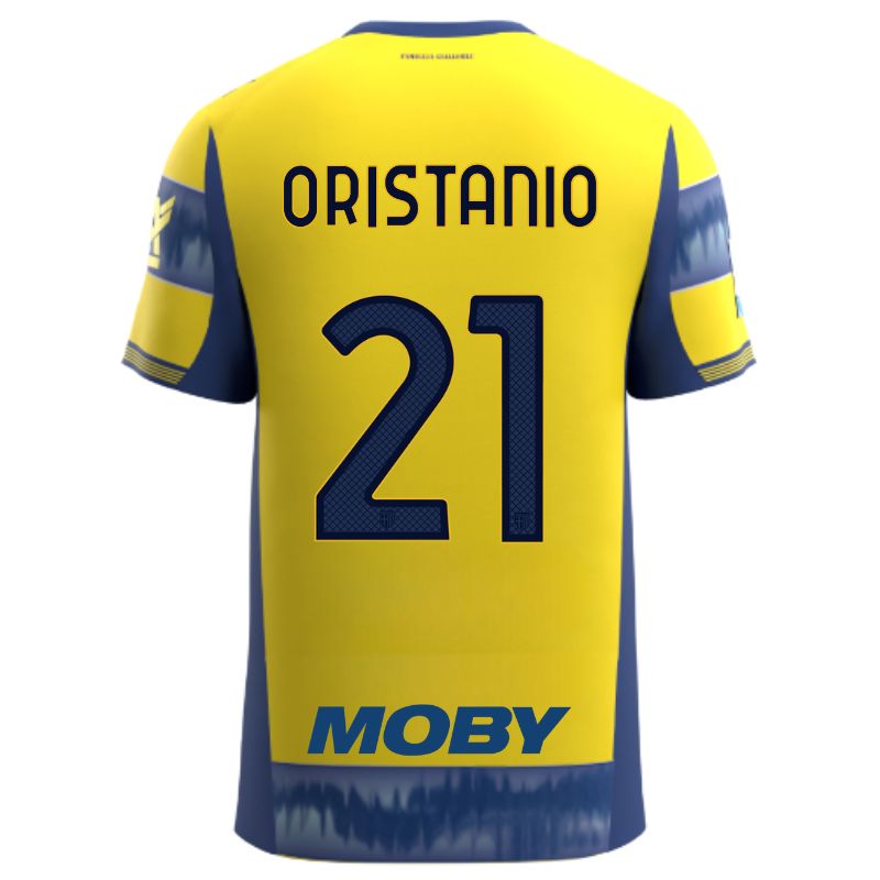 Maglia gara Parma Calcio Away gialla con righe e bande laterali blu personalizzata con nome e numero Oristanio 21, sponsor e patch serie A