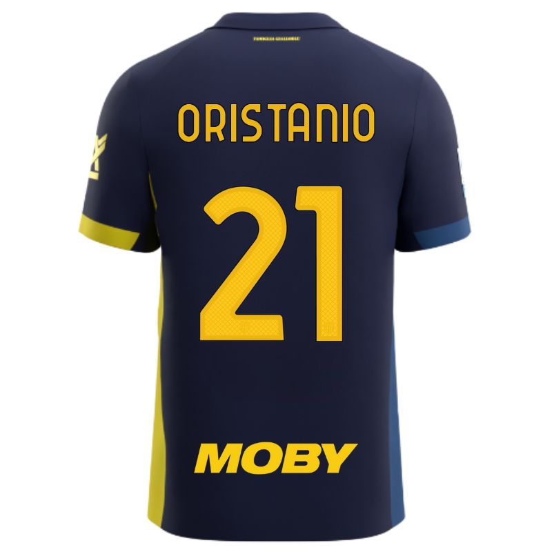 Maglia gara Parma Calcio Fourth blu con bande laterali giallo e blu personalizzata con nome e numero Oristanio 21, sponsor e patch serie A