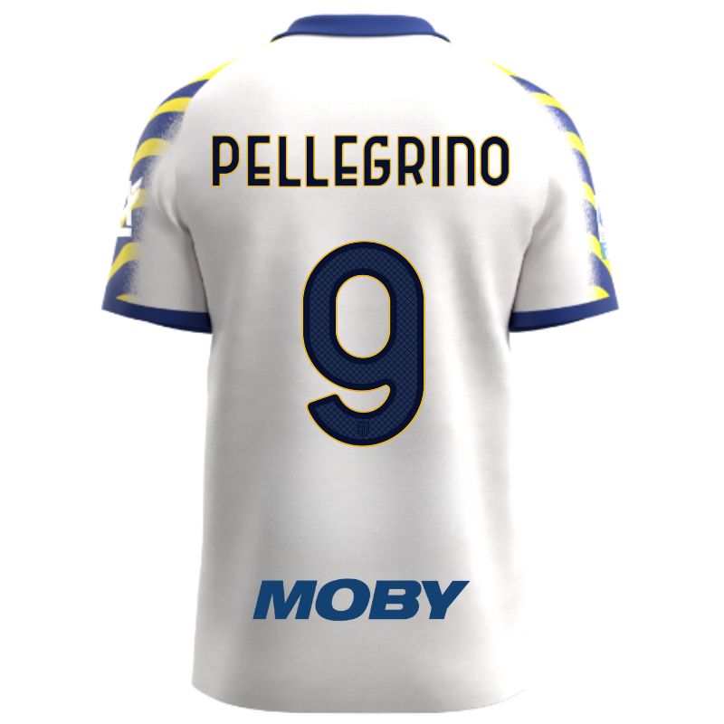 Maglia gara Parma Calcio Third bianca con colletto e maniche a strisce giallo-blu personalizzata con nome e numero Pellegrino 9, sponsor e patch serie A