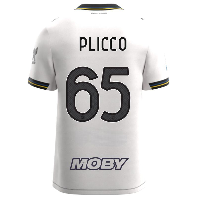 Maglia gara Home Parma Calcio Warm White con croce nera colletto a V, i dettagli in blu e giallo personalizzata con nome e numero Plicco 65, sponsor e patch serie A