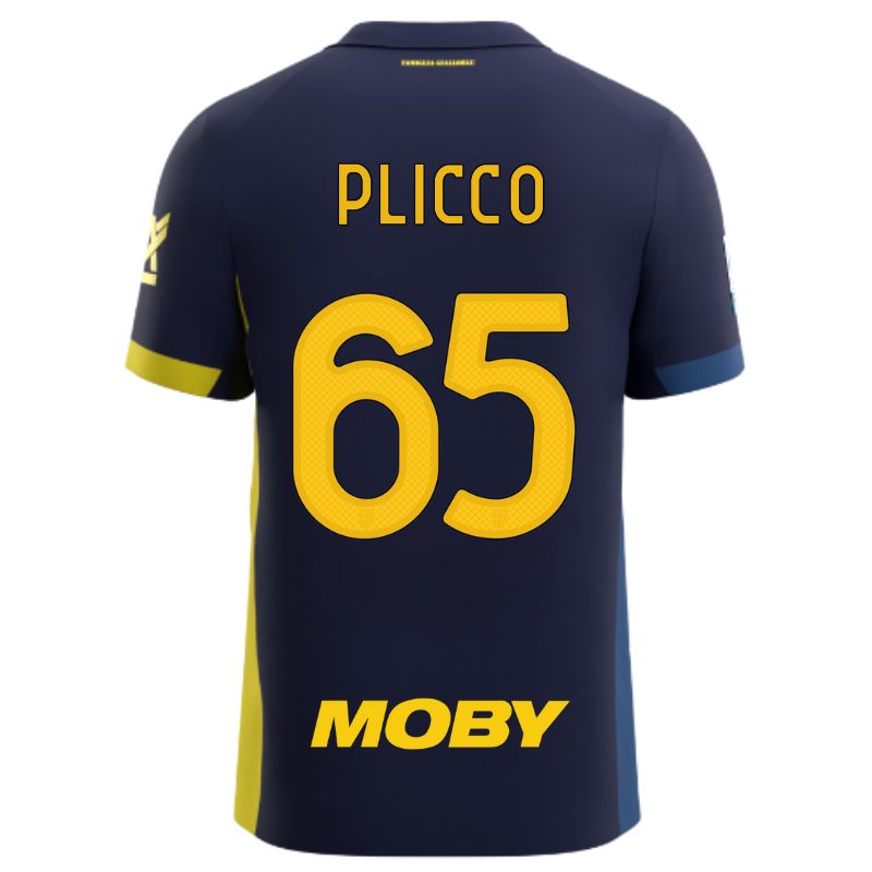Maglia gara Parma Calcio Fourth blu con bande laterali giallo e blu personalizzata con nome e numero Plicco 65, sponsor e patch serie A