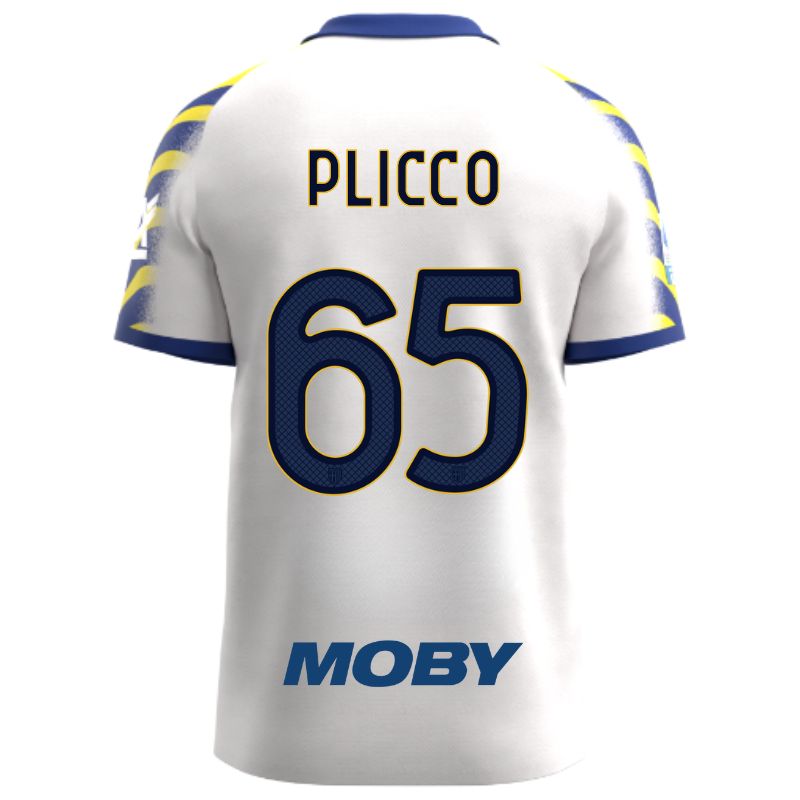 Maglia gara Parma Calcio Third bianca con colletto e maniche a strisce giallo-blu personalizzata con nome e numero Plicco 65, sponsor e patch serie A