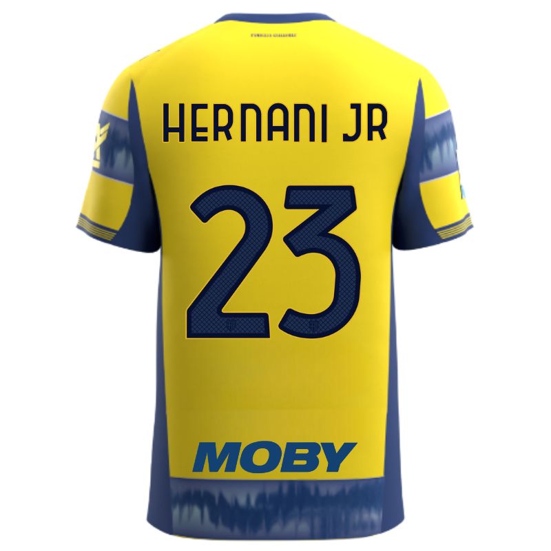 Maglia gara Parma Calcio Away gialla con righe e bande laterali blu personalizzata con nome e numero Hernani Jr 23, sponsor e patch serie A