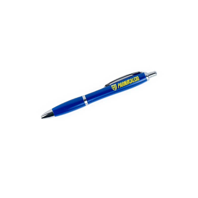 Penna a sfera blu con scritta PARMACALCIO e logo in giallo.