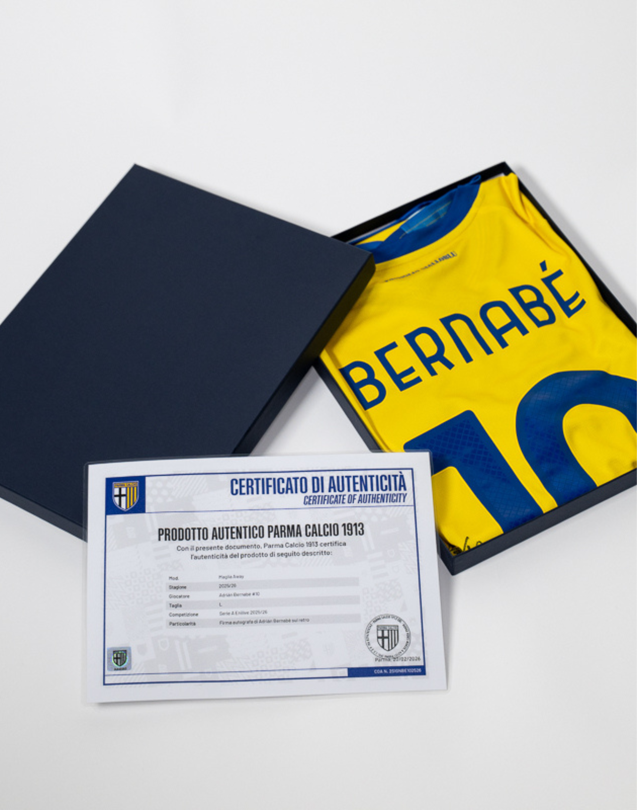Maglia away giallo e blu autografata da bernabé 10 con scatola blu e certificato