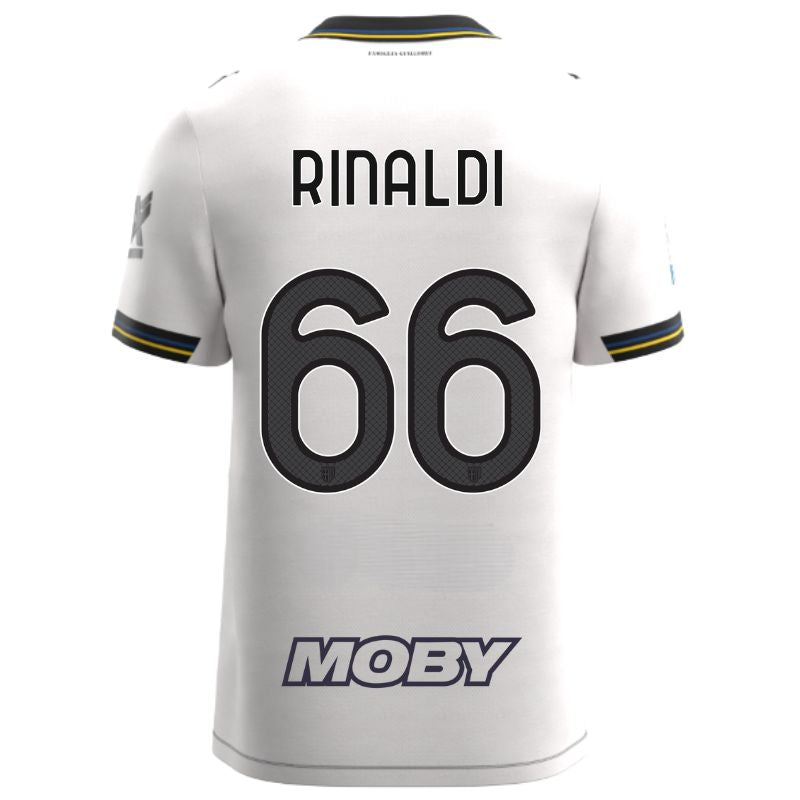 Maglia gara Home Parma Calcio Warm White con croce nera colletto a V, i dettagli in blu e giallo personalizzata con nome e numero Rinaldi 66, sponsor e patch serie A