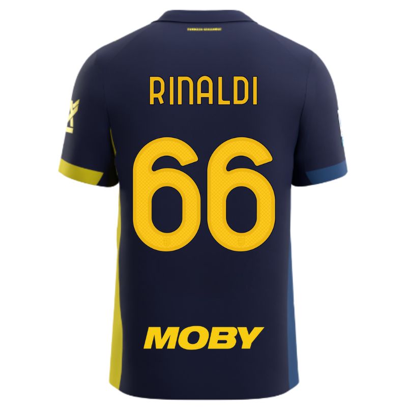 Maglia gara Parma Calcio Fourth blu con bande laterali giallo e blu personalizzata con nome e numero Rinaldi 66, sponsor e patch serie A