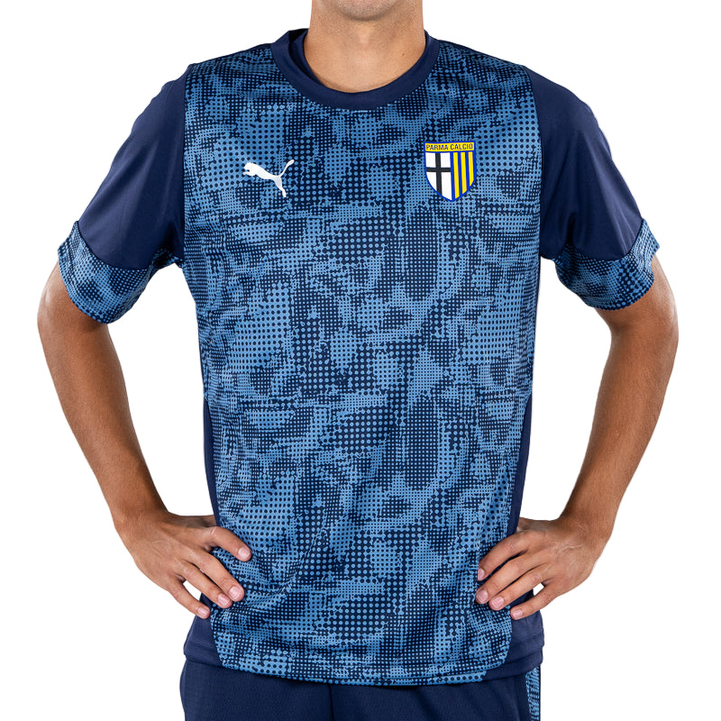 Maglia training calciatori blu navy con fantasia geometrica e logo Parma Calcio e Puma
