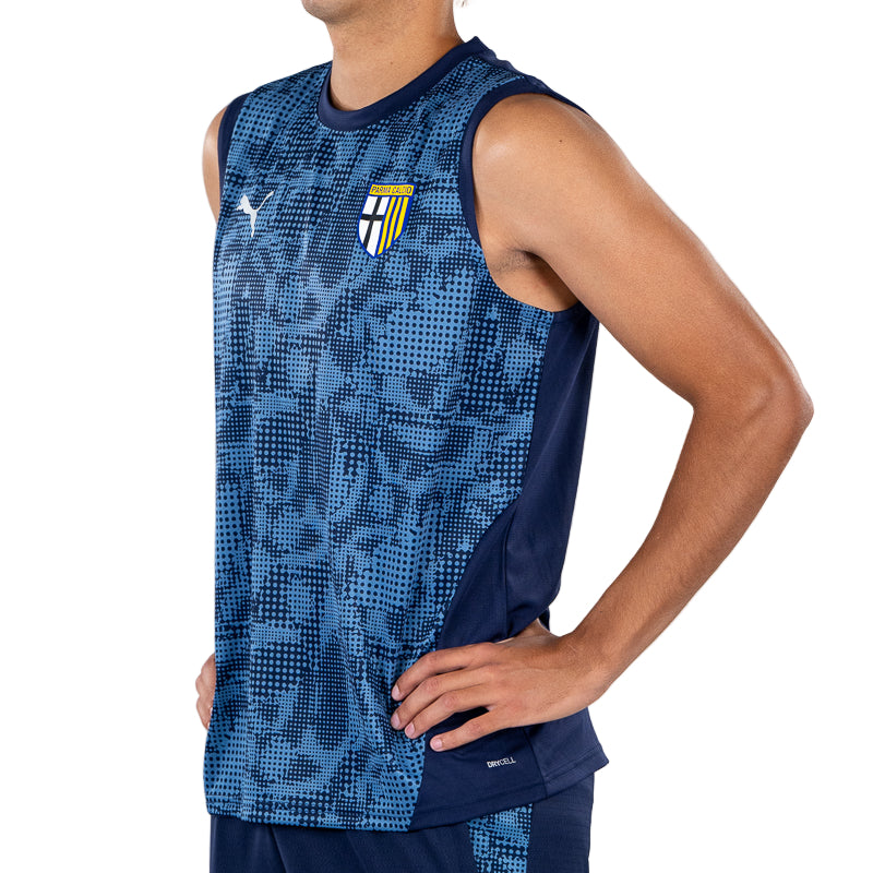 Canotta da allenamento uomo senza maniche blu navy con trama geometrica tono su tono, logo Puma e Parma Calcio