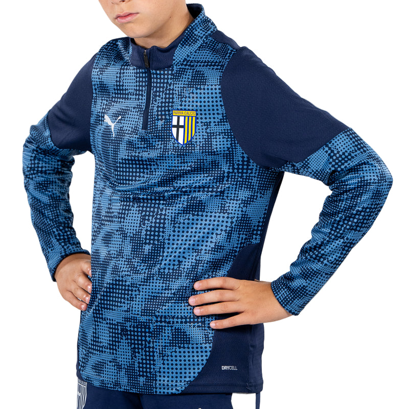 Felpa 1/4 zip Training Junior blu navy, con mezze maniche, trama geometrica sul fronte, logo Parma Calcio e Puma