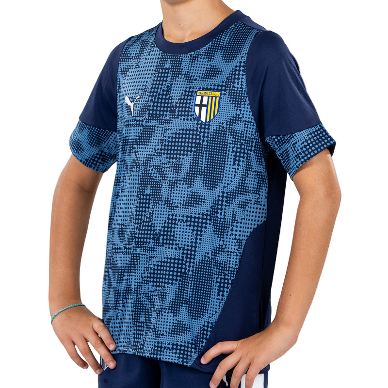 Maglia Training Junior blu navy, con mezze maniche, trama geometrica sul fronte, logo Parma Calcio e Puma