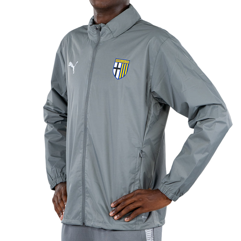 Giacca antipioggia training grigia con tasche laterali, cappuccio e logo Parma Calcio e Puma