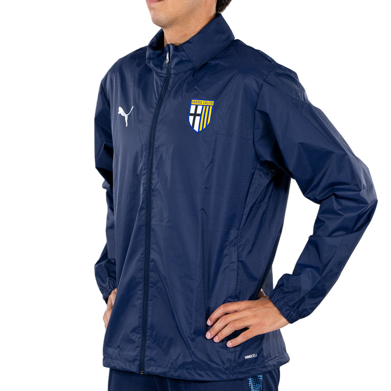 Giacca antipioggia training blu navy con tasche laterali, cappuccio e logo Parma Calcio e Puma