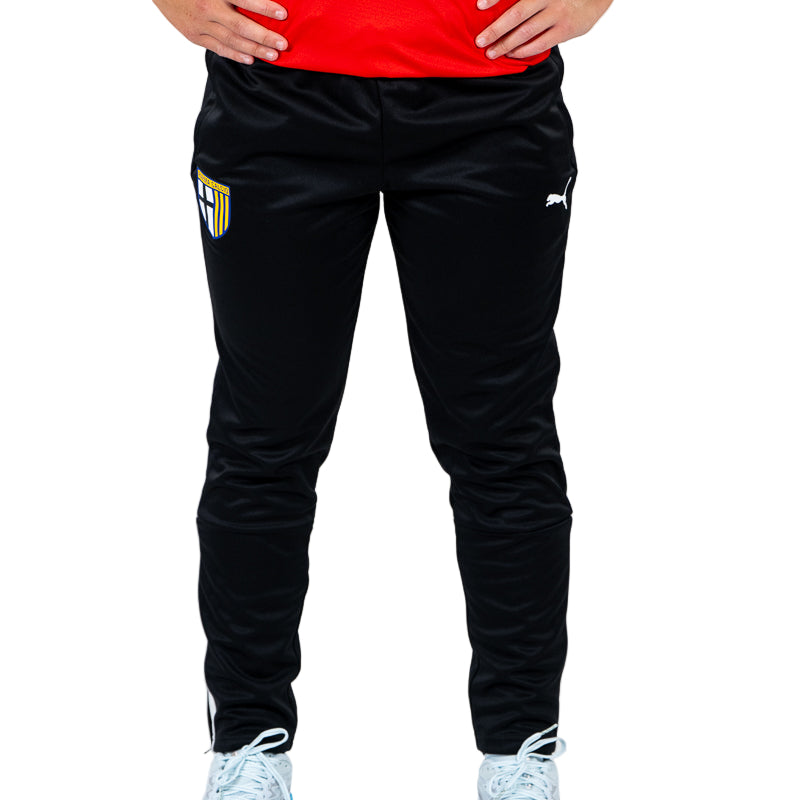 Pantalone tuta nero lungo donna con bande bianche e zip laterali alla caviglia e logo Parma Calcio 