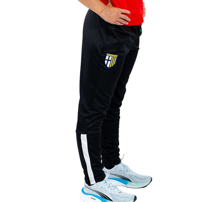 Pantalone tuta nero lungo donna con bande bianche e zip laterali alla caviglia e logo Parma Calcio 