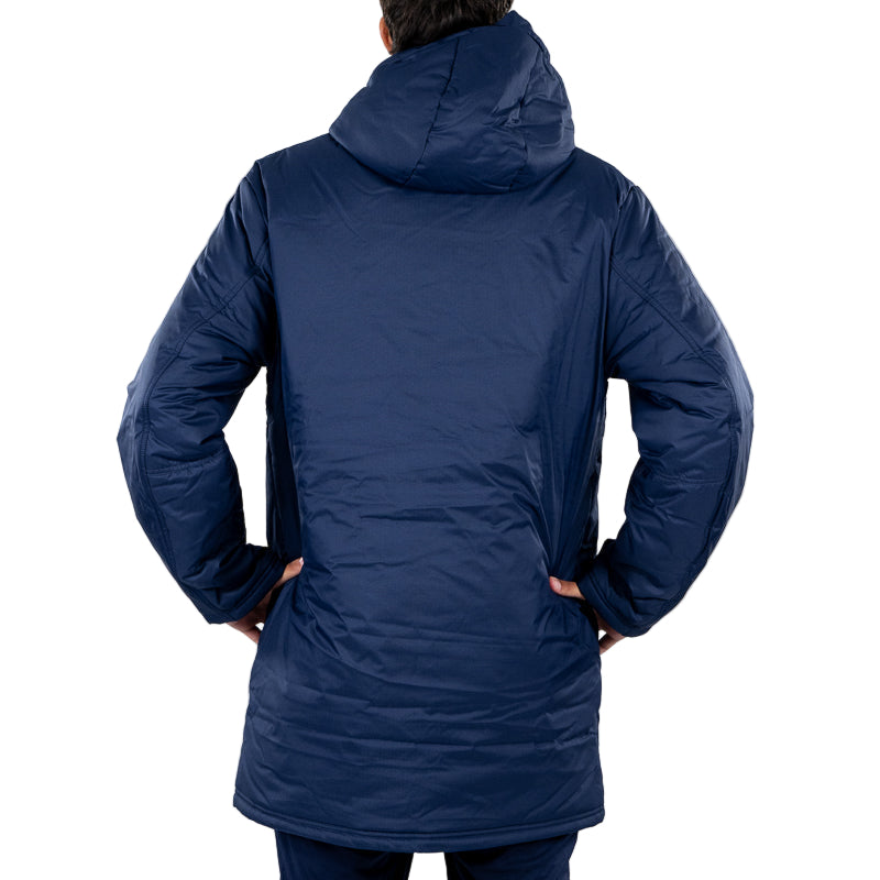 Giacca invernale da panchina blu navy uomo con cappuccio zip e bottoni, tasche laterali e frontali, logo Puma  e Parma Calcio