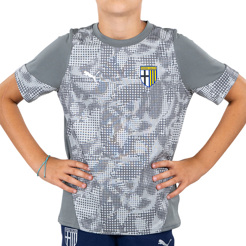 Felpa 1/4 zip allenamento bambino grigia con trama geometrica tono su tono, logo Puma e Parma Calcio