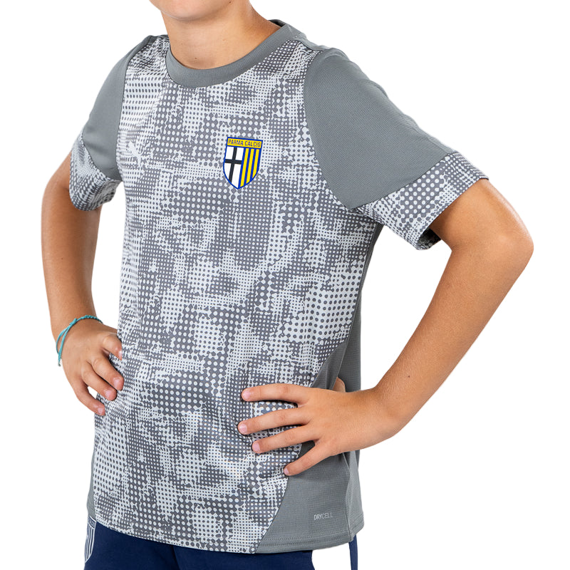 Maglia allenamento bambino grigia con trama geometrica tono su tono, logo Puma e Parma Calcio