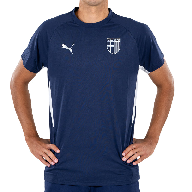 T-shirt blu navy uomo con bande laterali bianche, logo Parma Calcio e Puma