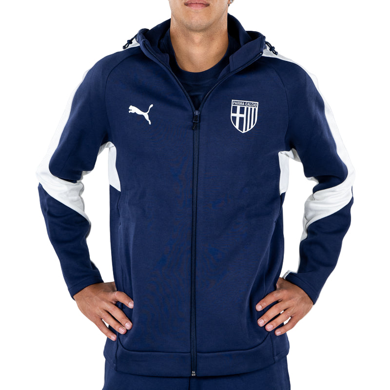 Felpa con cappuccio e zip uomo blu navy, bande laterali bianche in vita e sulle maniche, logo Parma Calcio e Puma