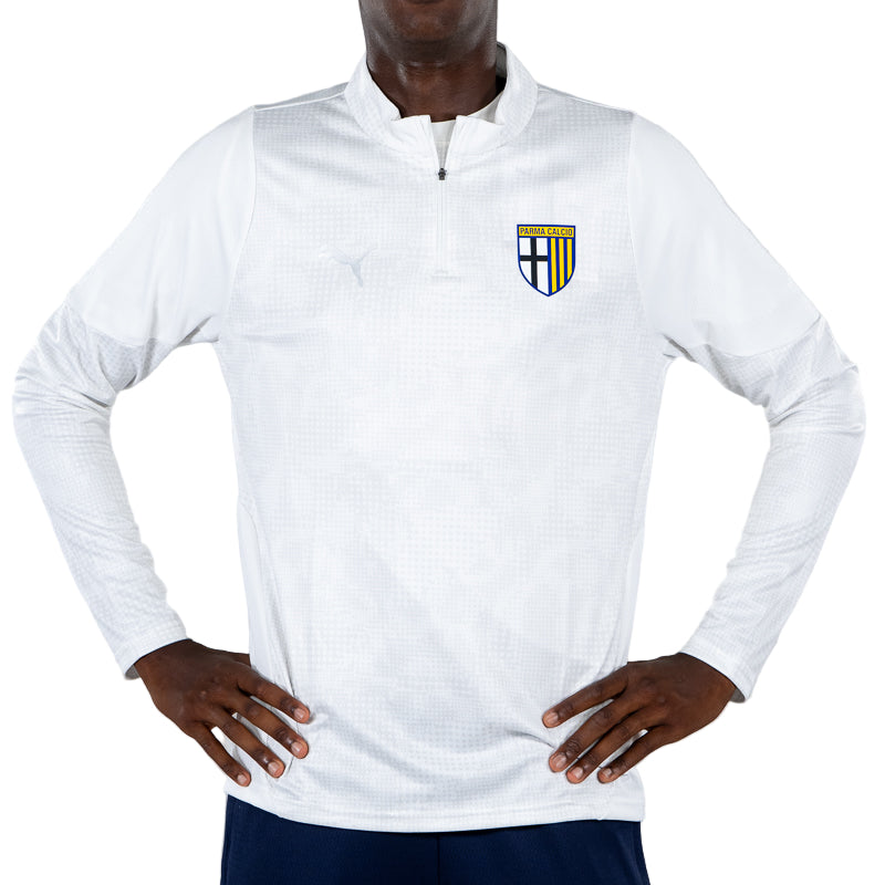Fepa 1/4 zip pre-match uomo bianca con trama geometrica tono su tono sul fronte e sulle braccia, logo Parma Cacio e Puma