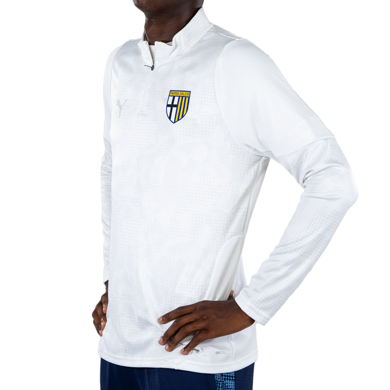 Fepa 1/4 zip pre-match uomo bianca con trama geometrica tono su tono sul fronte e sulle braccia, logo Parma Cacio e Puma