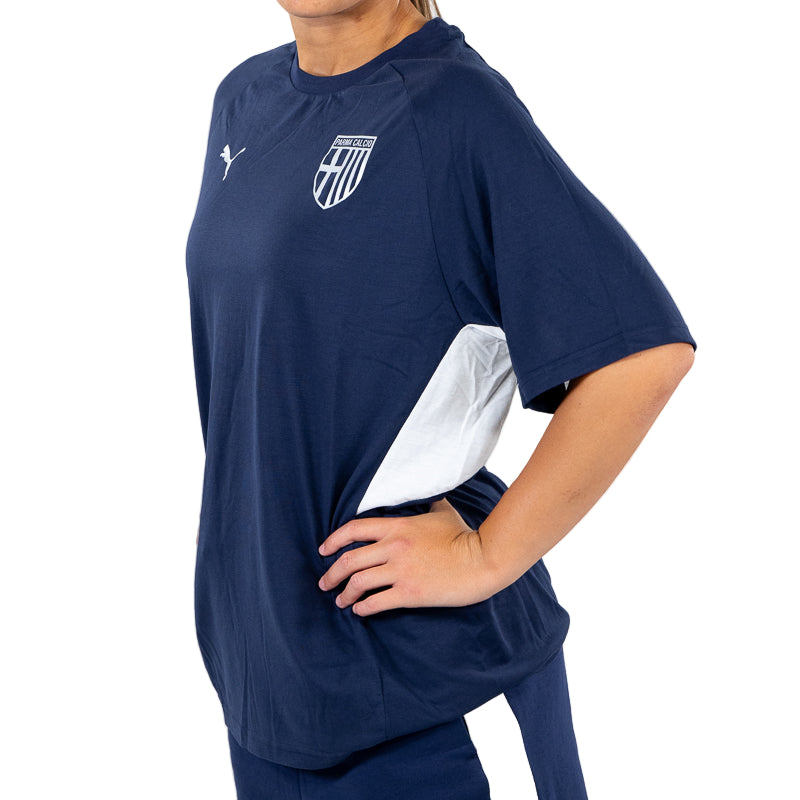 T-shirt blu navy woman con bande laterali bianchi, logo Parma Calcio e Puma