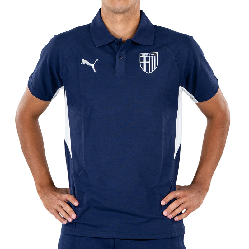 Polo blu navy uomo con bande laterali bianchi, colletto revers, logo Parma Calcio e Puma