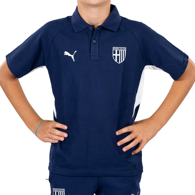 Polo blu navy bambino con bande laterali bianche, colletto revers, logo Parma Calcio e Puma