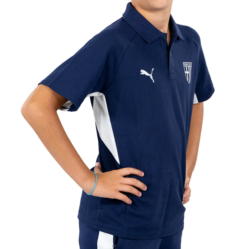 Polo blu navy bambino con bande laterali bianche, colletto revers, logo Parma Calcio e Puma