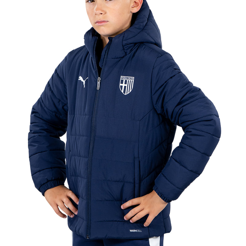 Giacca imbottita blu navy bambino con cappuccio, zip, tasche laterali, logo Parma Calcio e logo Puma 